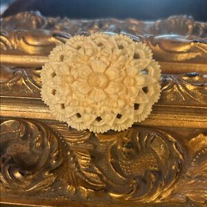Elegant Cream Floral Brooch Vintage intricately carved celluloid brooch
